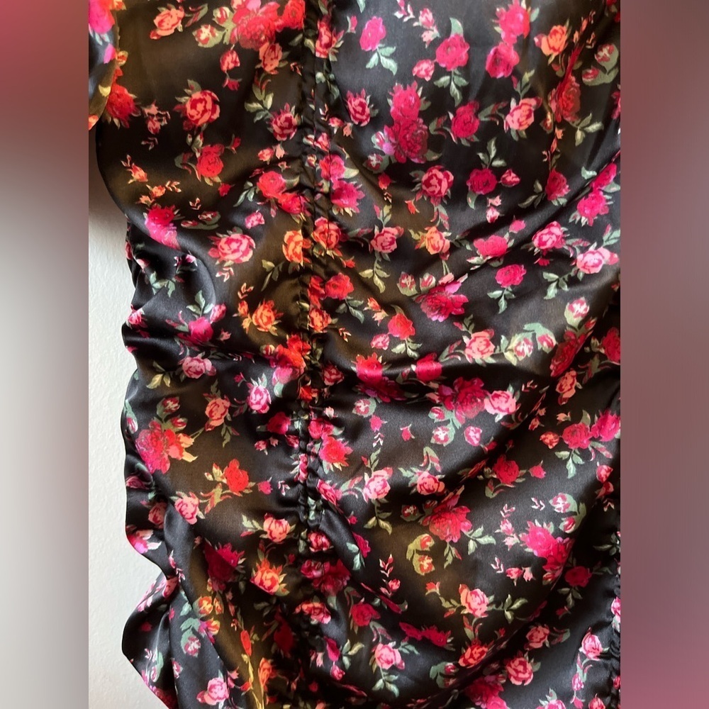 For Love & Lemons Melrose Satin Black and Pink Ruche Mini Puff sleeve dress - Picture 8 of 16
